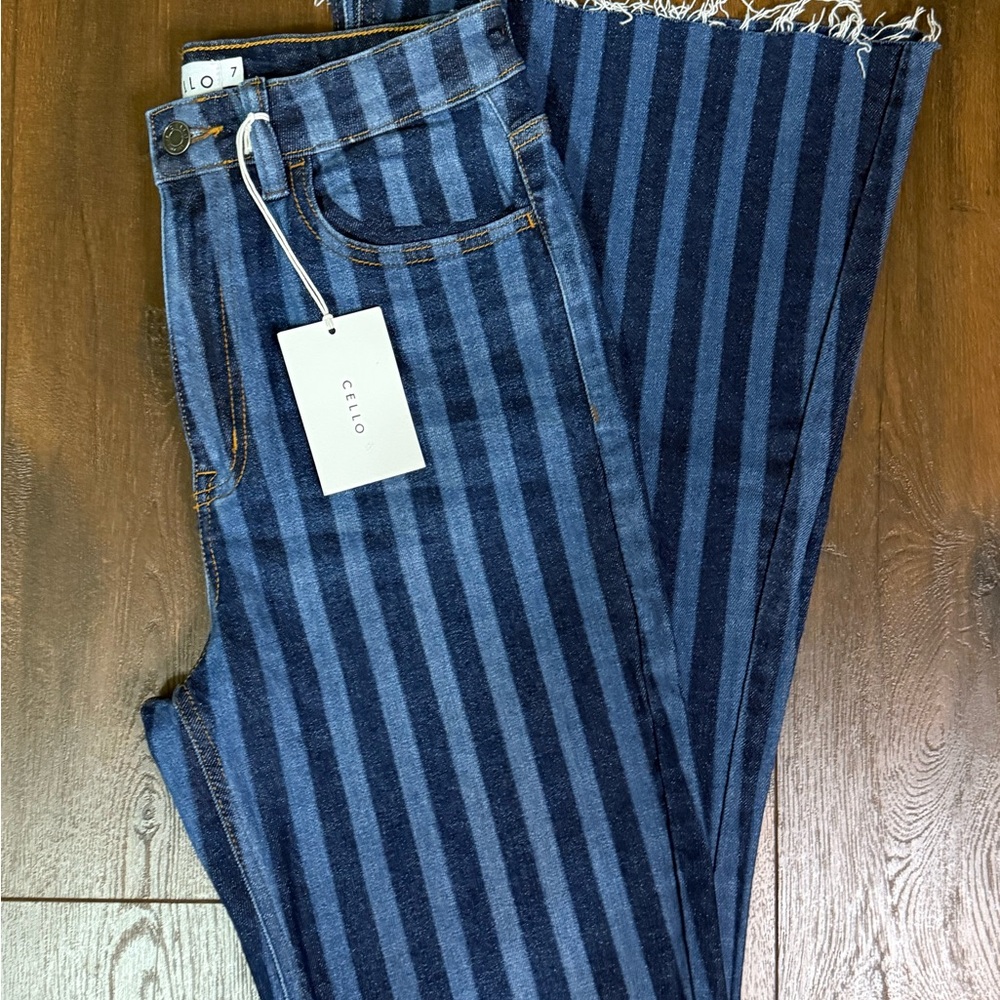 Cello High-Rise Dark Blue Striped Flare Jeans Stretch (NWT)